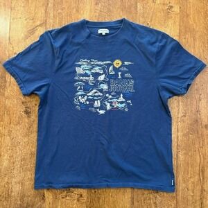 Navy blue Banks Journal t-shirt with Greetings from USA Japan Australia map